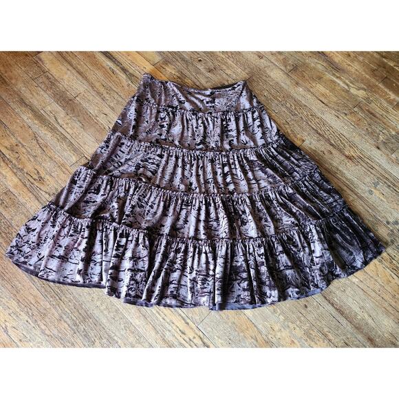 Vintage 80s Women Sz 12 Brown Crushed Velvet Tiered Layered Midi SKIRT - Picture 4 of 7